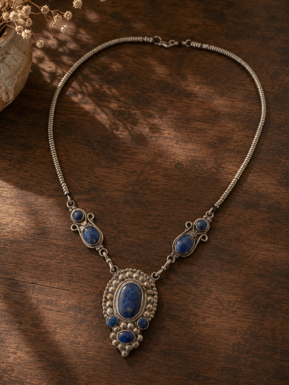 Vintage Bohemian Blue Lapis Statement Necklace Antique Silver Tone Necklace